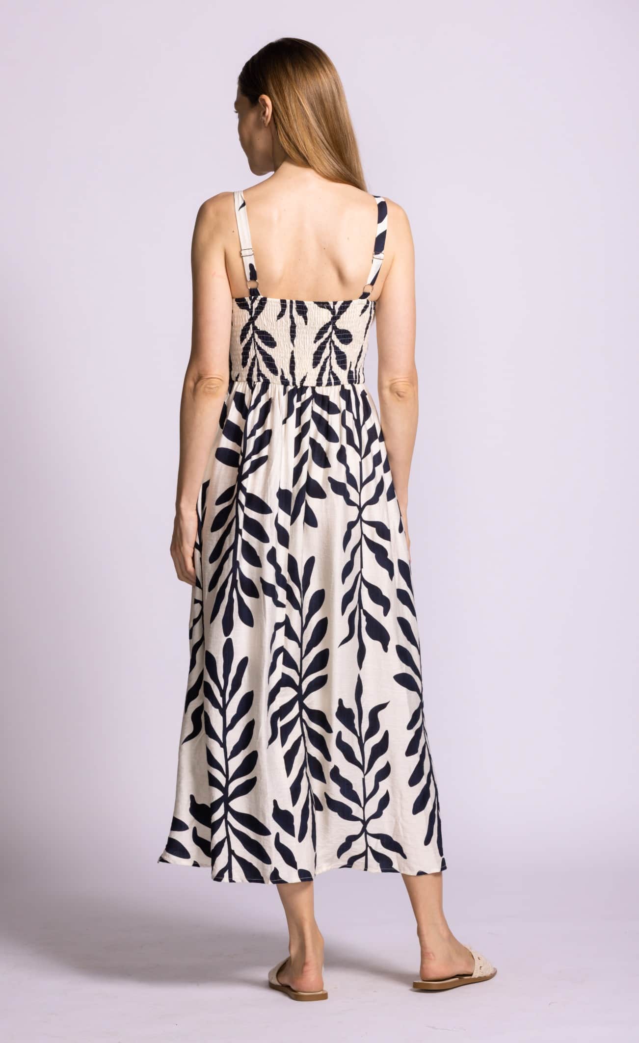 Pink Martini Magnolia Dress navy leaf print midi dress back view Lemonberry Aurora