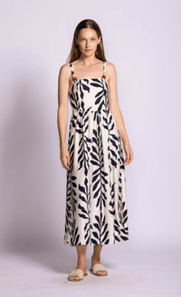 Pink Martini Magnolia Dress navy leaf print midi dress front view Lemonberry Aurora