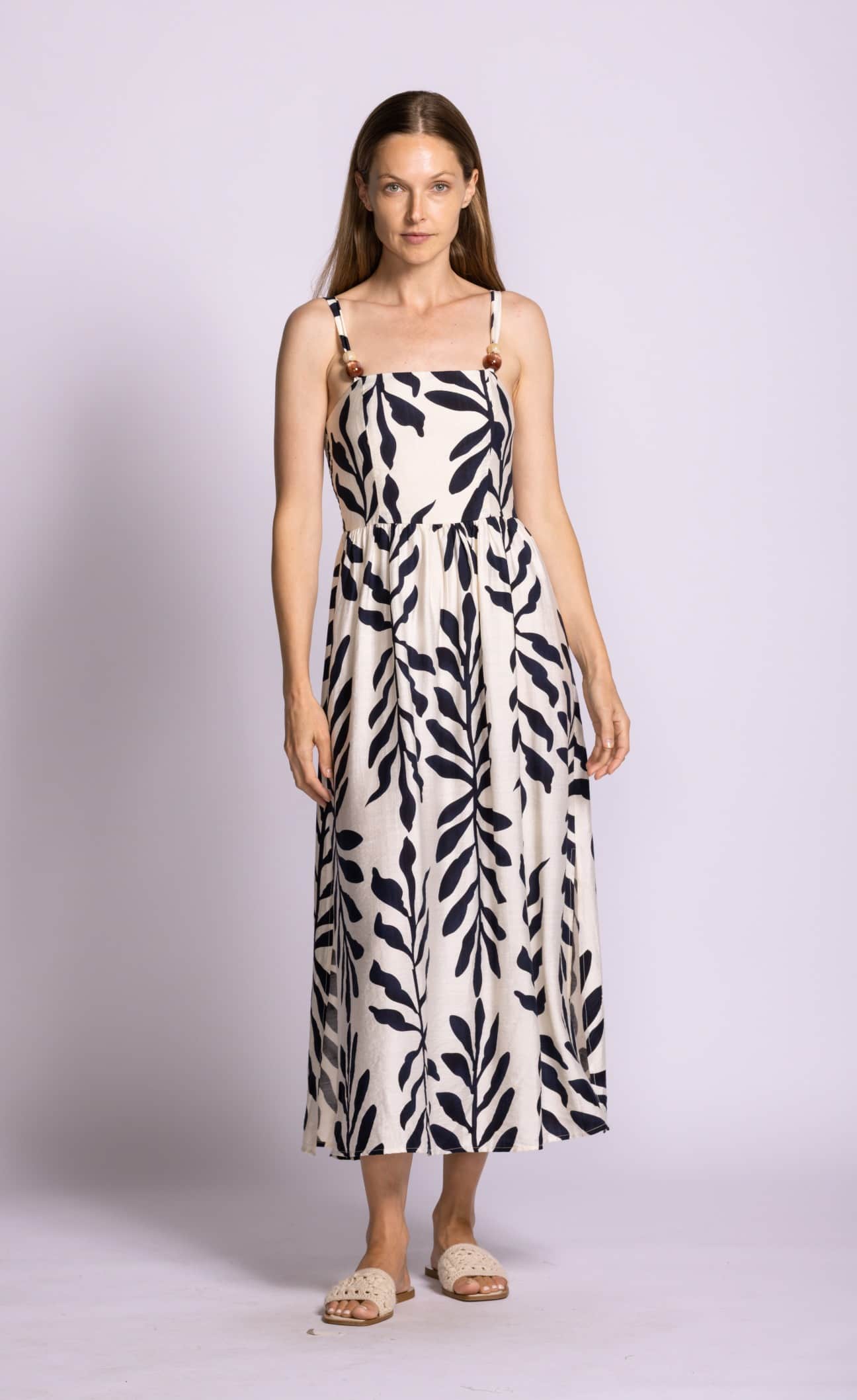 Pink Martini Magnolia Dress navy leaf print midi dress front view Lemonberry Aurora