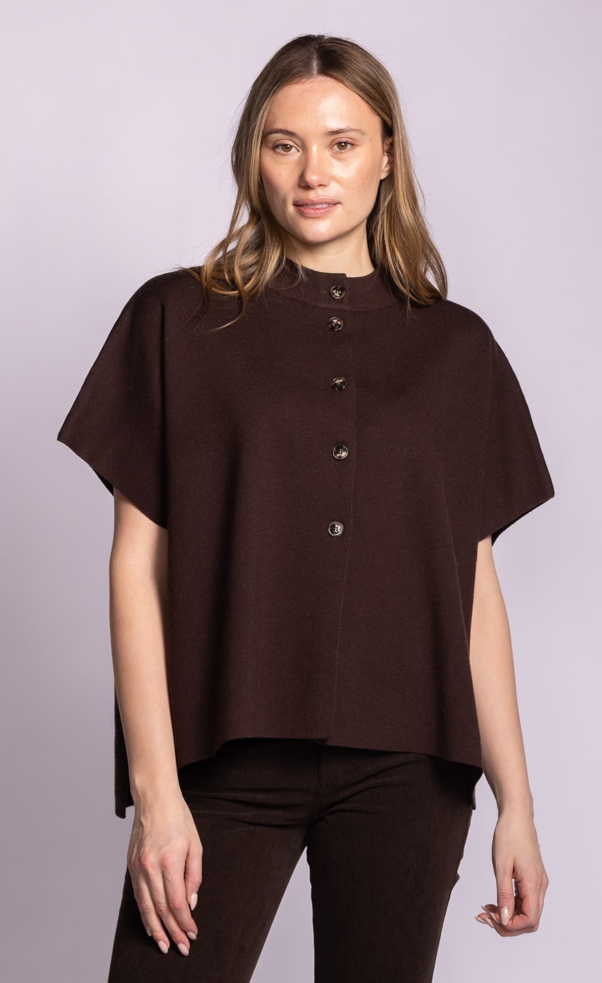 Pink Martini Melrose brown button-front knit poncho front view Lemonberry Aurora