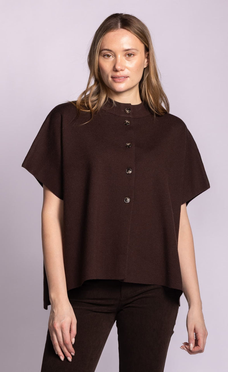 Pink Martini Melrose brown button-front knit poncho front view Lemonberry Aurora