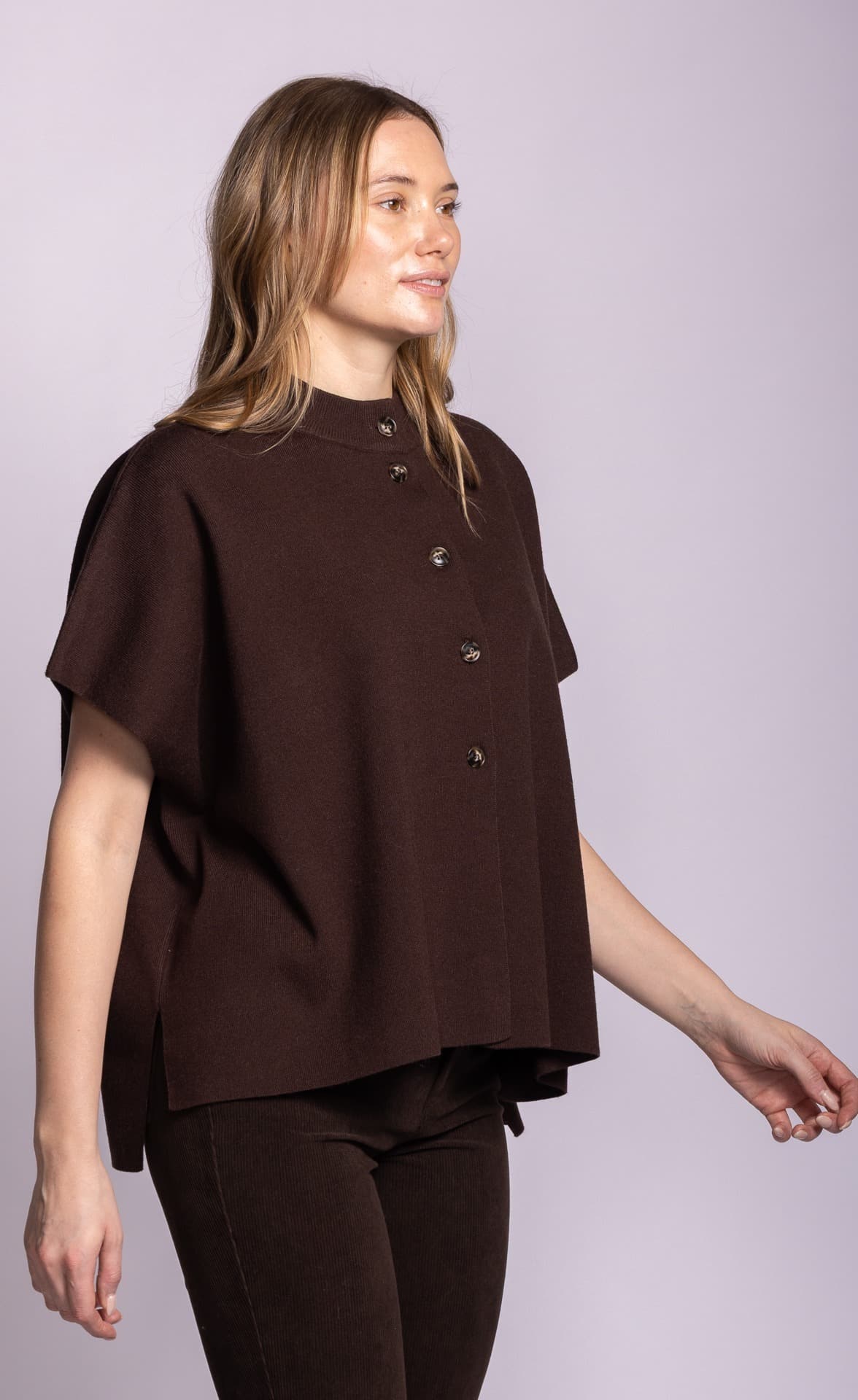 Pink Martini Melrose brown button-front knit poncho side view Lemonberry Aurora