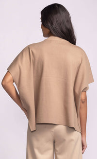 Back view of Pink Martini Melrose Sweater in tan, relaxed drape with short sleeves and straight hemline.