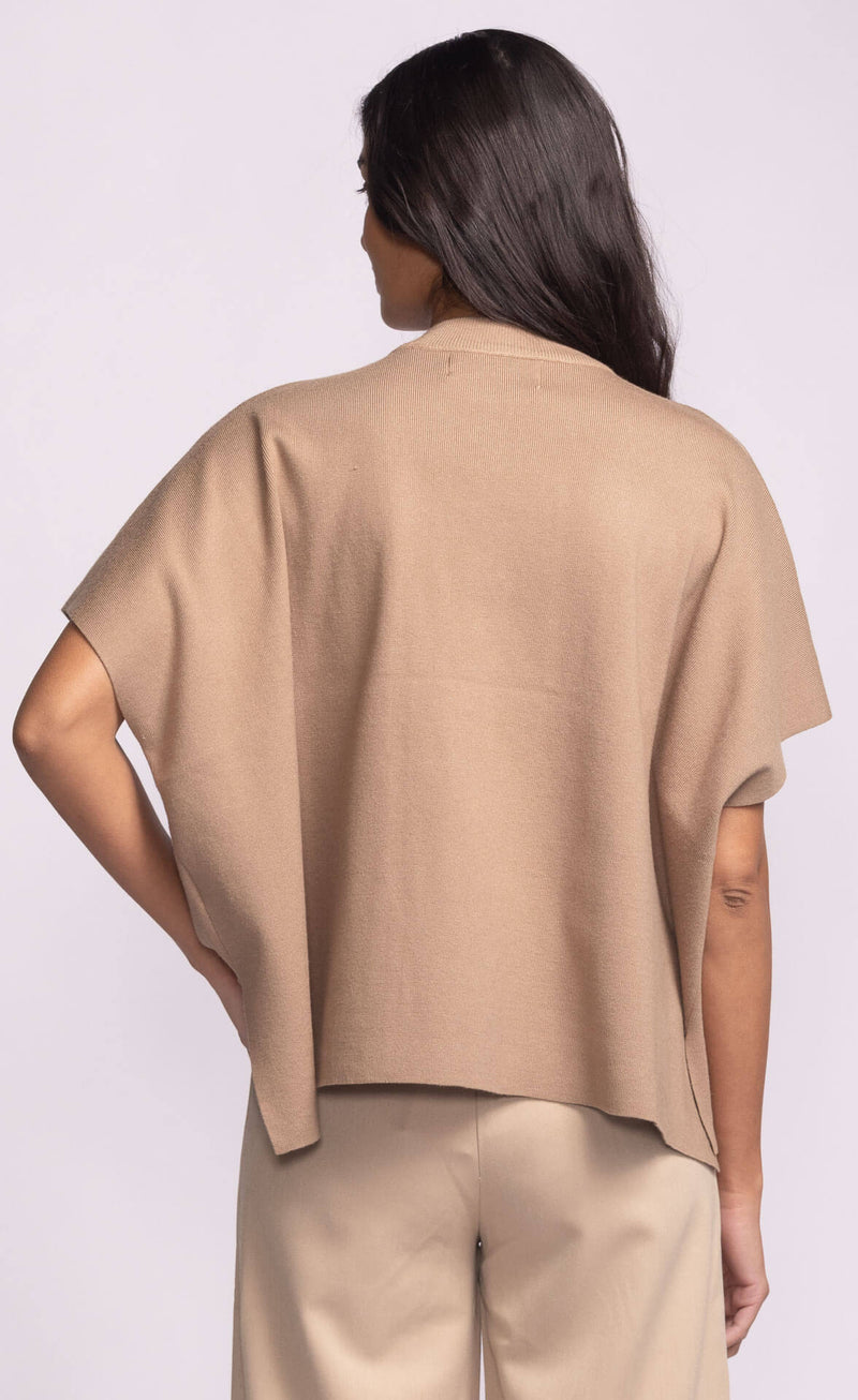 Back view of Pink Martini Melrose Sweater in tan, relaxed drape with short sleeves and straight hemline.