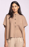 Close-up of Pink Martini Melrose Sweater showing button-up front and soft knit texture in neutral tan.