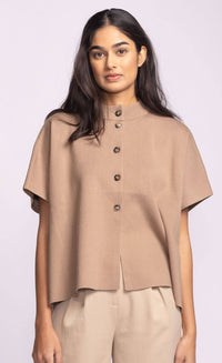 Close-up of Pink Martini Melrose Sweater showing button-up front and soft knit texture in neutral tan.