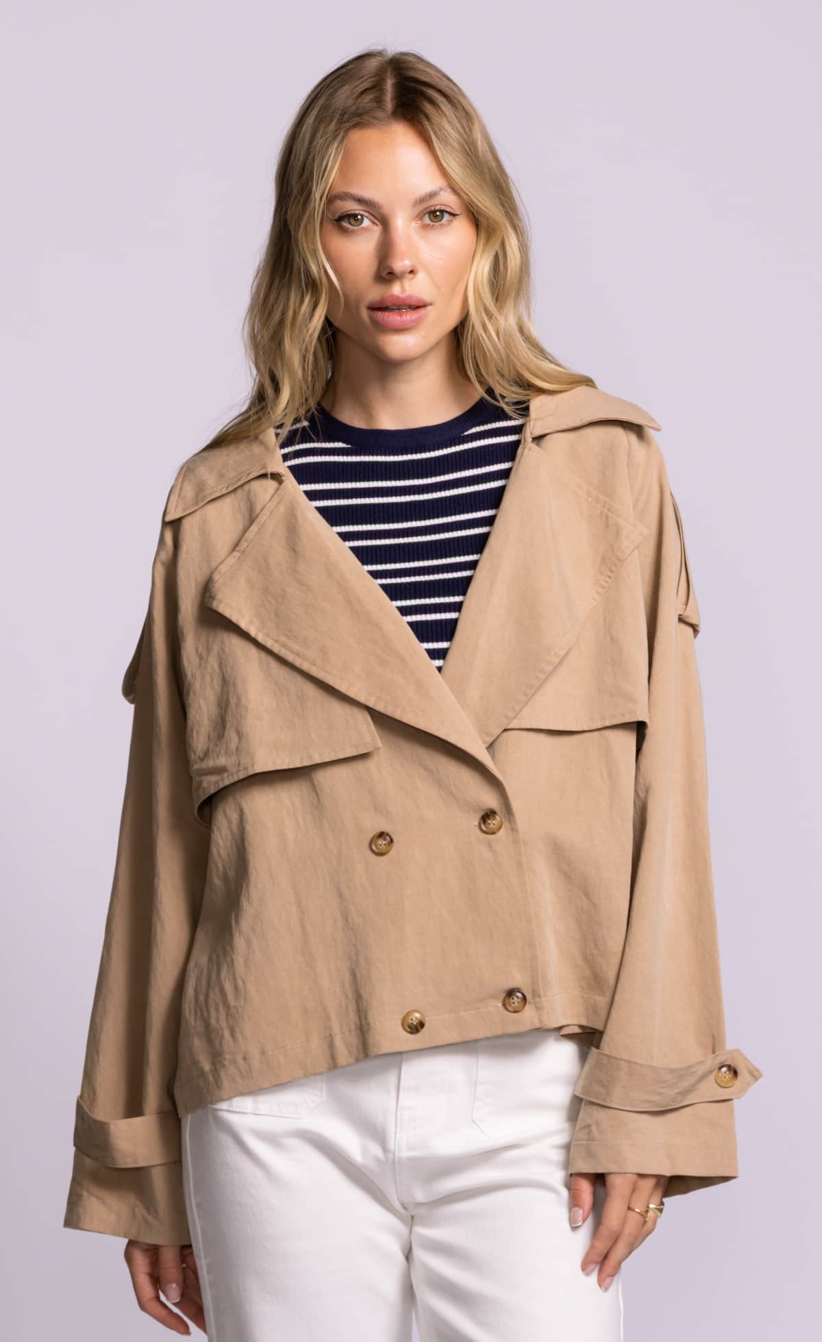 Pink Martini Milldale Jacket khaki cropped trench buttoned front view with double breasted detail Lemonberry Aurora
