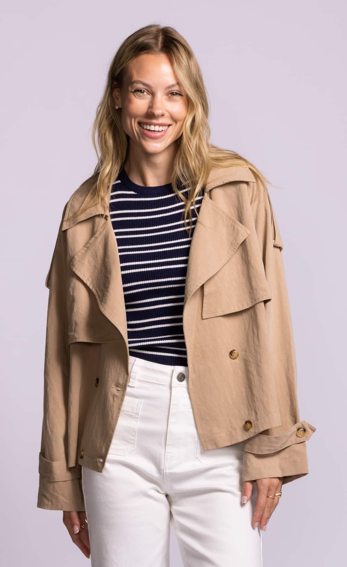 Pink Martini Milldale Jacket in khaki cropped trench style worn open over striped knit front view at Lemonberry Aurora