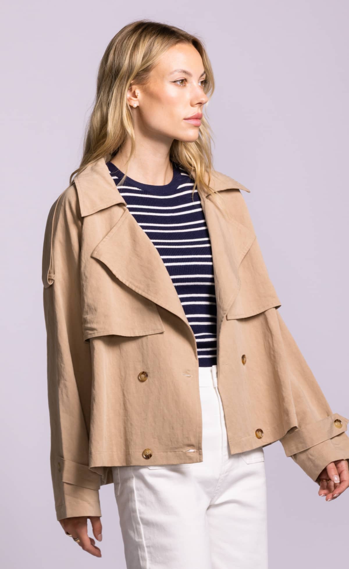 Pink Martini Milldale Jacket khaki cropped trench side profile showing wide lapel and lightweight structure Lemonberry Aurora