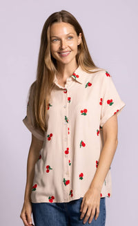 Pink Martini Mon Cherry blouse in beige with embroidered cherry detail, short sleeve button front at Lemonberry Aurora.