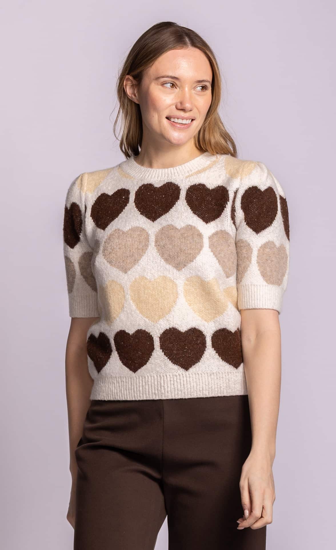 Pink Martini Moyo beige heart pattern knit top front view Lemonberry Aurora