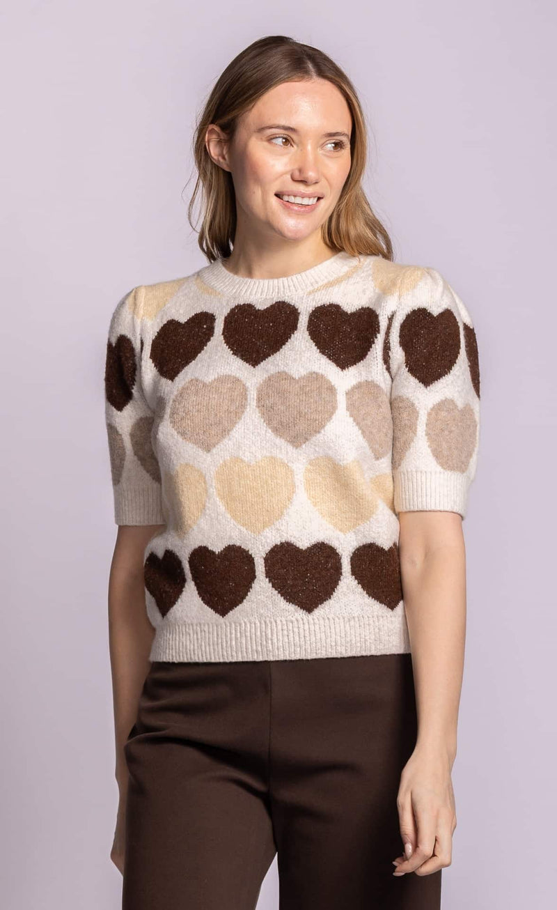 Pink Martini Moyo beige heart pattern knit top front view Lemonberry Aurora