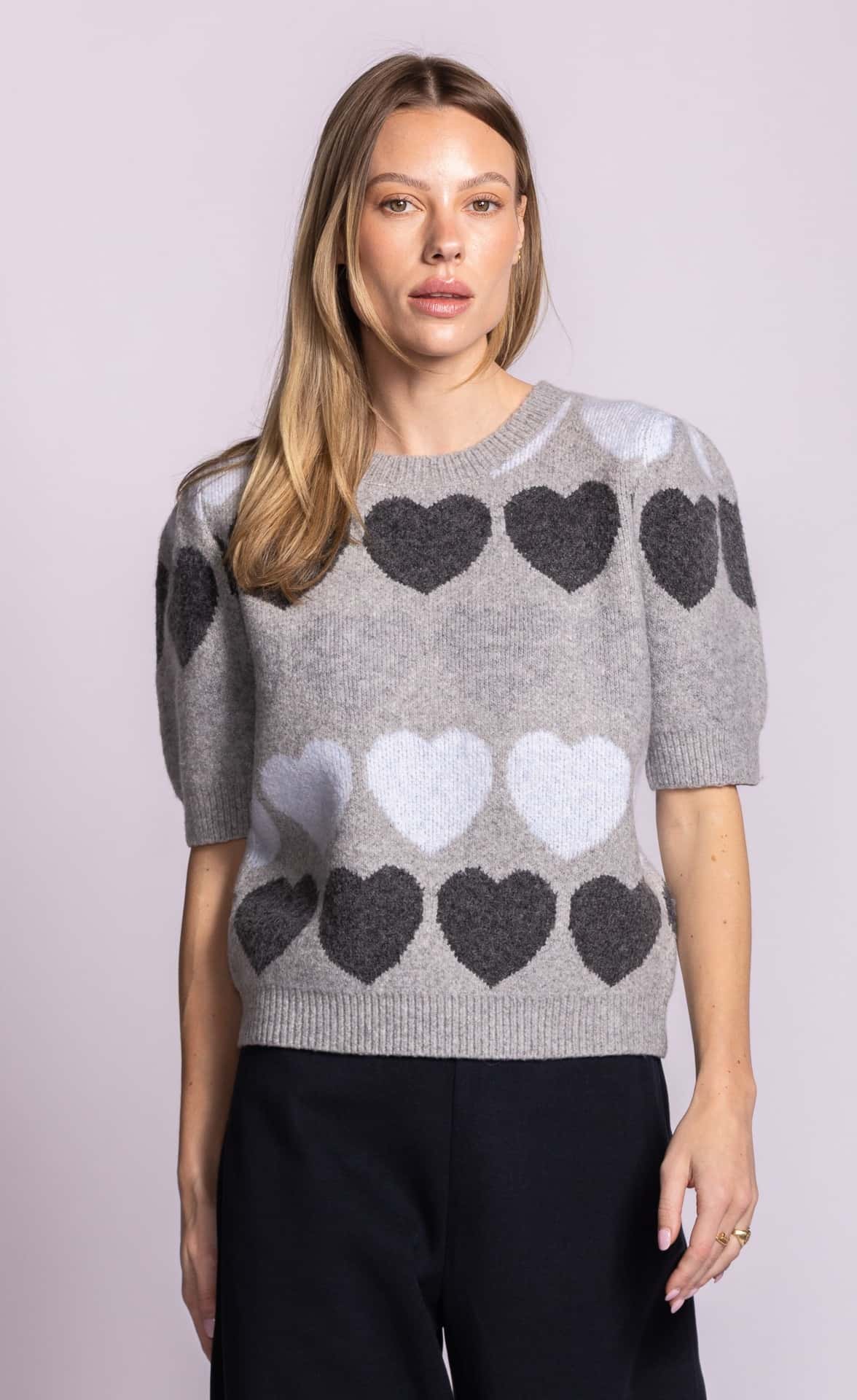 Pink Martini Moyo grey heart pattern knit top front view Lemonberry Aurora