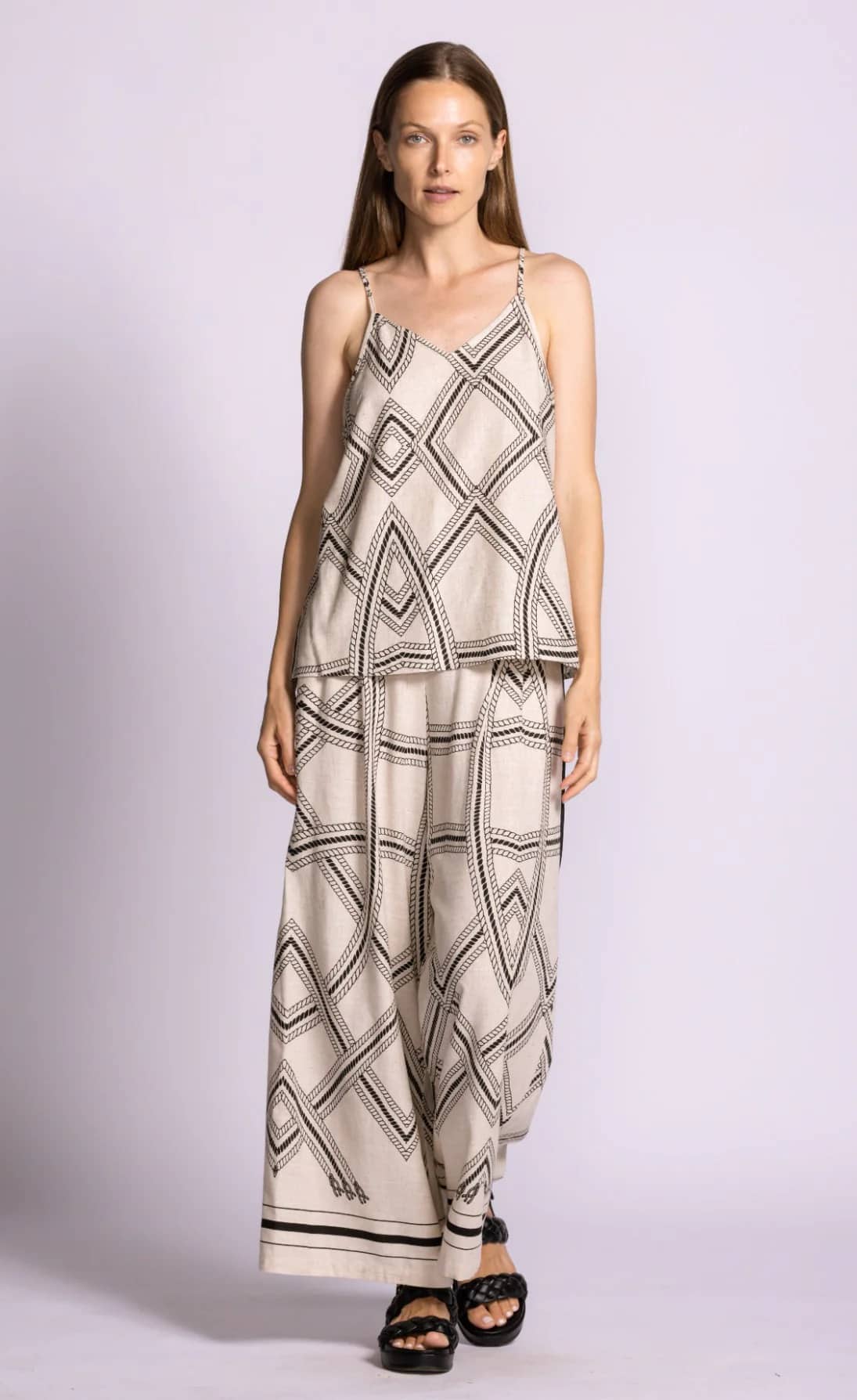 Pink Martini Nagel top printed linen blend angled front view Lemonberry Aurora