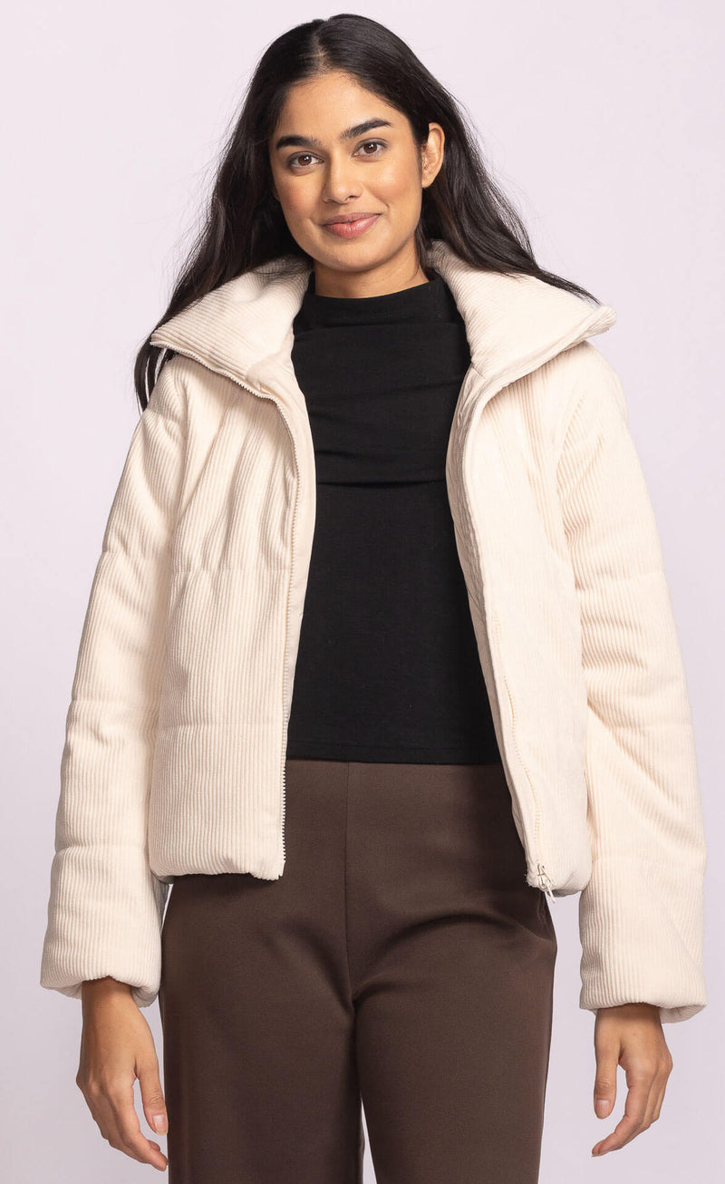 Pink Martini Northfield Jacket in beige cord – open view on model, Lemonberry Newmarket weekend style