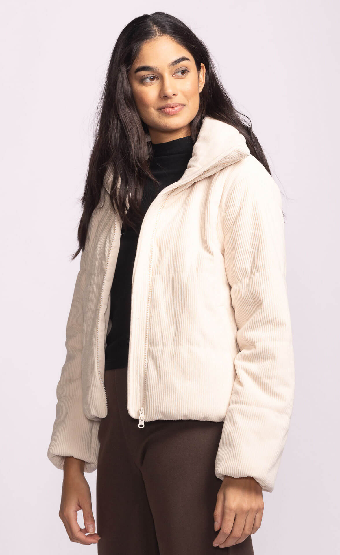 Pink Martini Northfield Jacket in beige cord – side view on model, Lemonberry Newmarket cozy look
