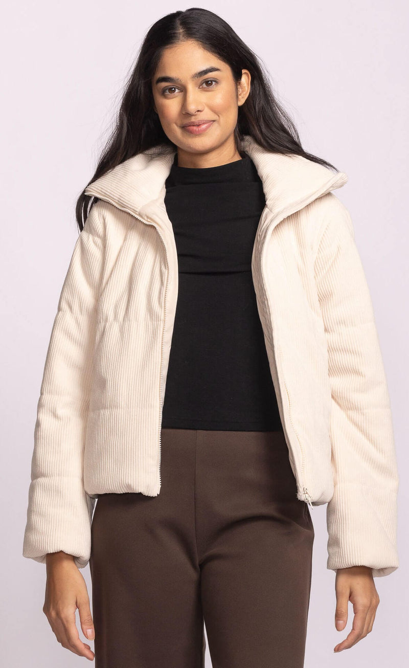 Pink Martini Outerwear Pink Martini Northfield Jacket – Beige Cord Puffer available at Lemonberry Boutique Aurora