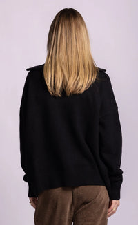 Pink Martini Perry black cardigan, back view with ribbed hem