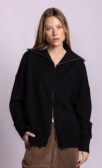Pink Martini Perry black zip-front cardigan with wide collar, front view