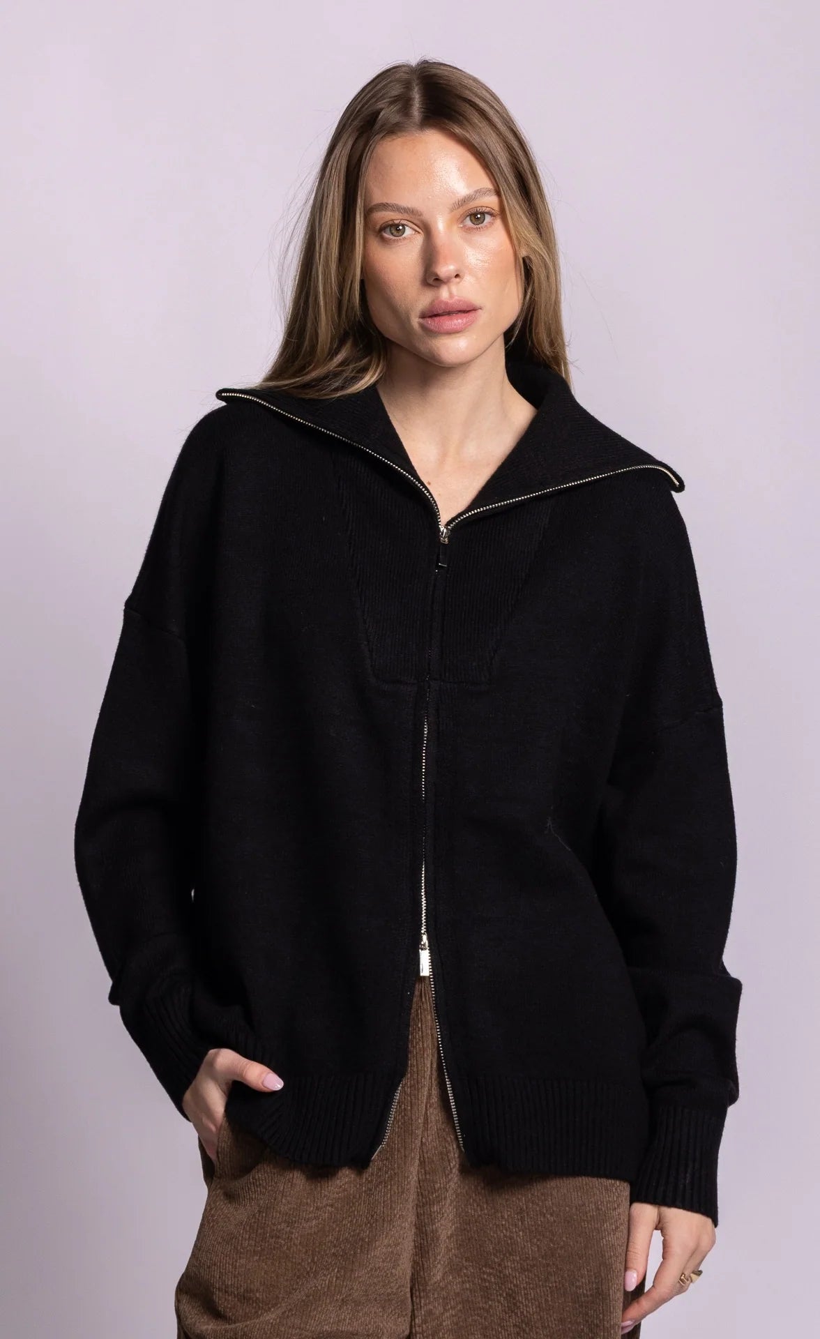 Pink Martini Perry black zip-front cardigan with wide collar, front view