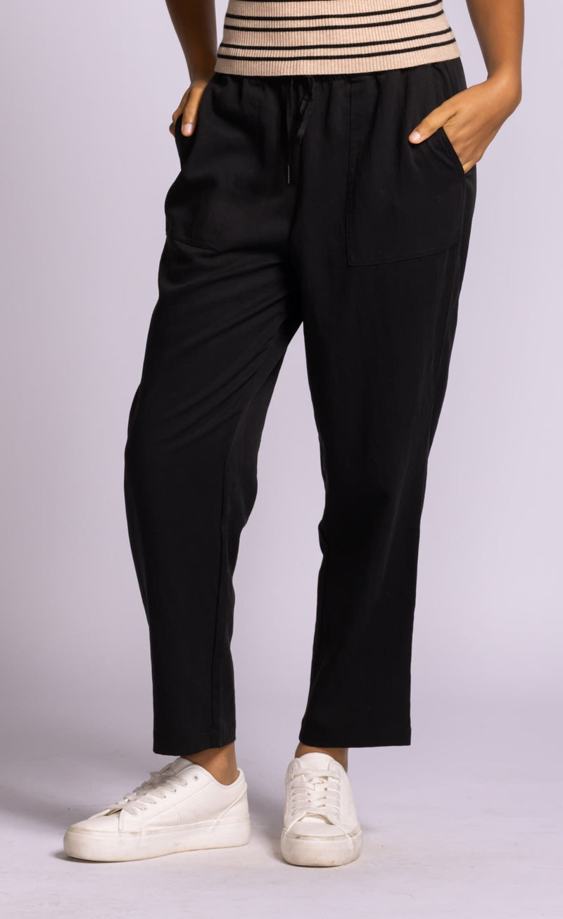 Pink Martini Ponca Pants black lyocell blend drawstring trouser front view with straight relaxed leg at Lemonberry Aurora