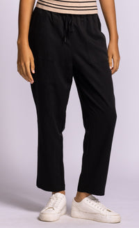 Pink Martini Ponca Pants black relaxed drawstring trouser styled with knit top and sneakers at Lemonberry Aurora