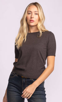 Side view of Pink Martini Remo Top in charcoal grey knit, slim fit with crew neckline – available at Lemonberry near Toronto