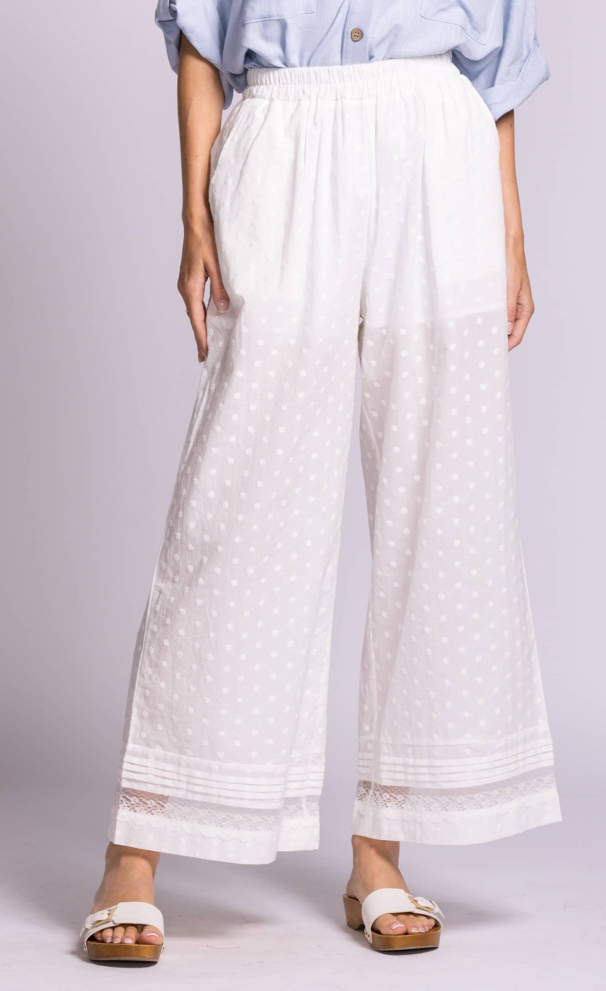 Pink Martini Riverton cotton wide-leg pants in White, lace hem detail
