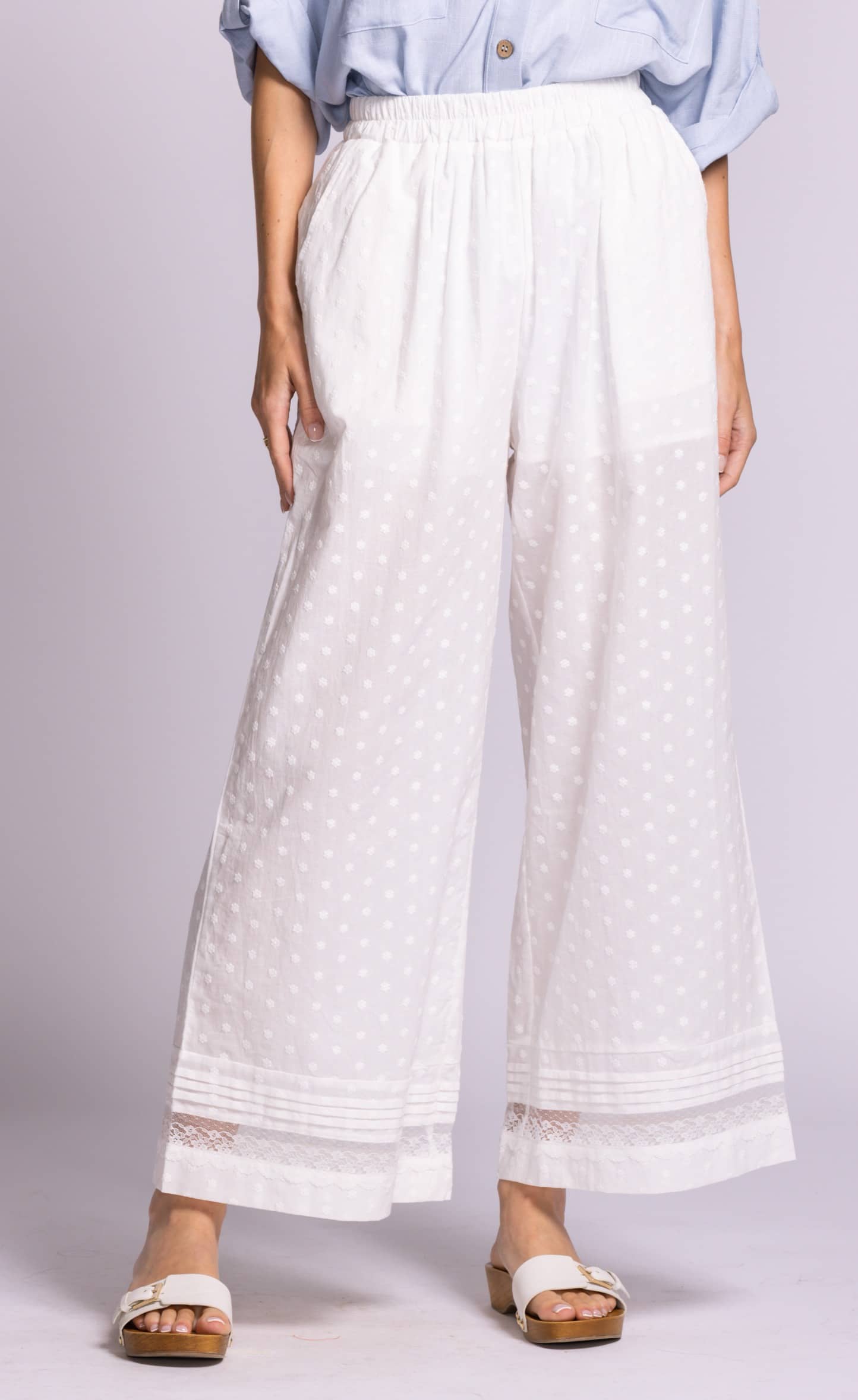 Pink Martini Riverton pants white cotton wide leg front view Lemonberry Aurora