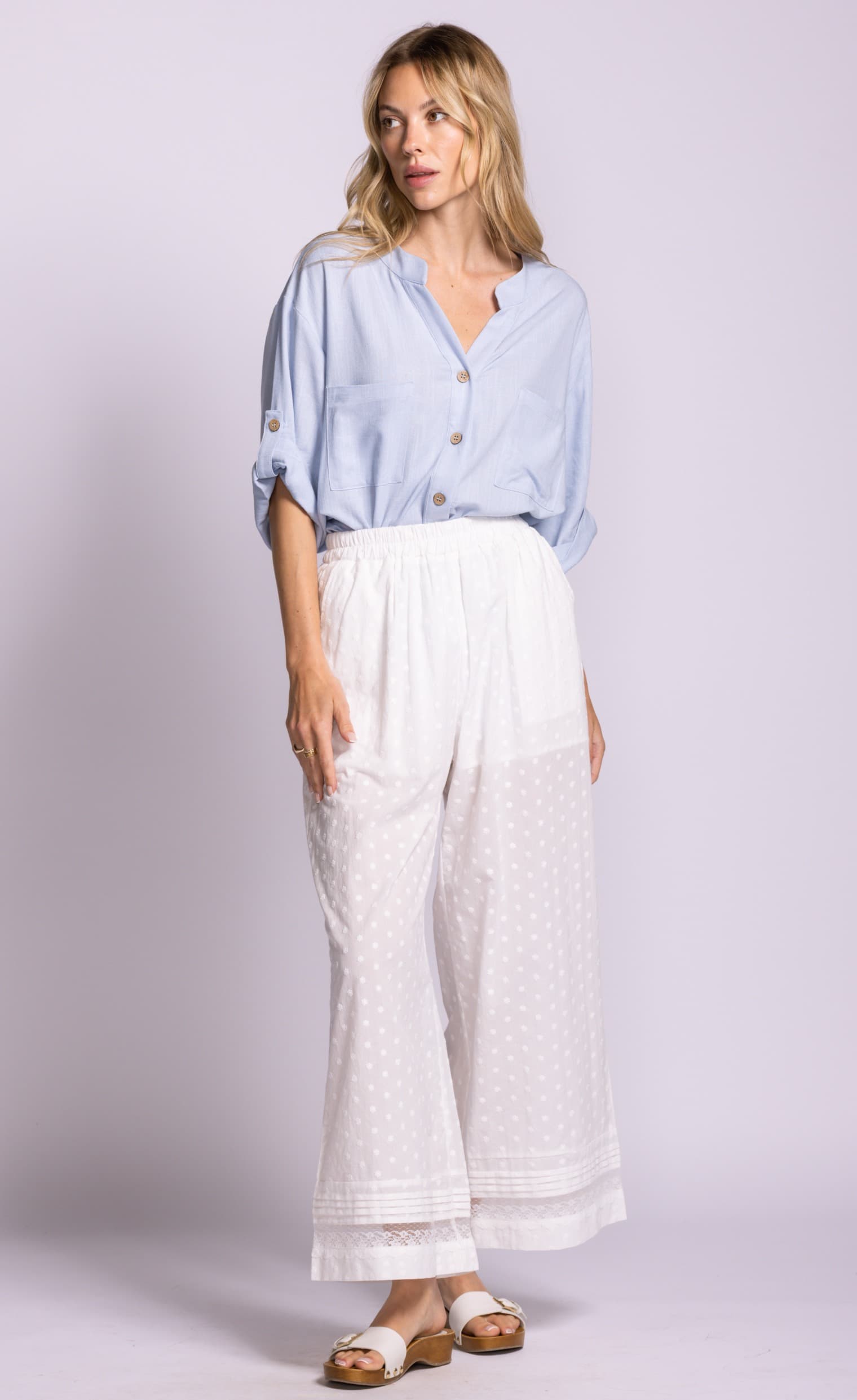 Pink Martini Riverton pants white cotton lace hem detail view Lemonberry Aurora