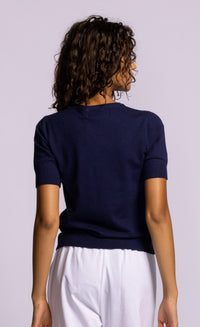 Pink Martini Sandy Top Knit navy fitted short sleeve crew neckline back view with ribbed hem Lemonberry Aurora