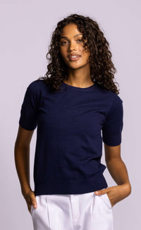 Pink Martini Sandy Top Knit navy fitted short sleeve crew neck lightweight knit front view at Lemonberry Aurora