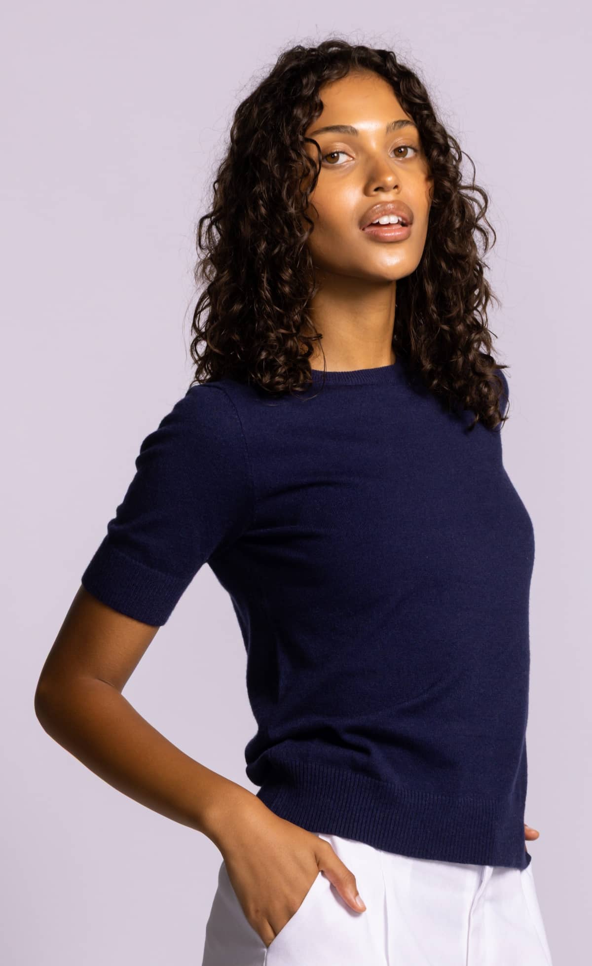Pink Martini Sandy Top Knit navy viscose blend fitted short sleeve side profile with ribbed trim Lemonberry Aurora