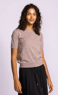 Pink Martini Sandy Top Knit taupe lightweight viscose blend fitted short sleeve angled view Lemonberry Aurora