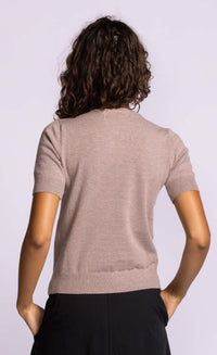 Pink Martini Sandy Top Knit taupe fitted short sleeve crew neckline back view with ribbed trim Lemonberry Aurora