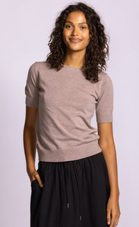 Pink Martini Sandy Top Knit taupe fitted short sleeve crew neck with ribbed hem front view at Lemonberry Aurora