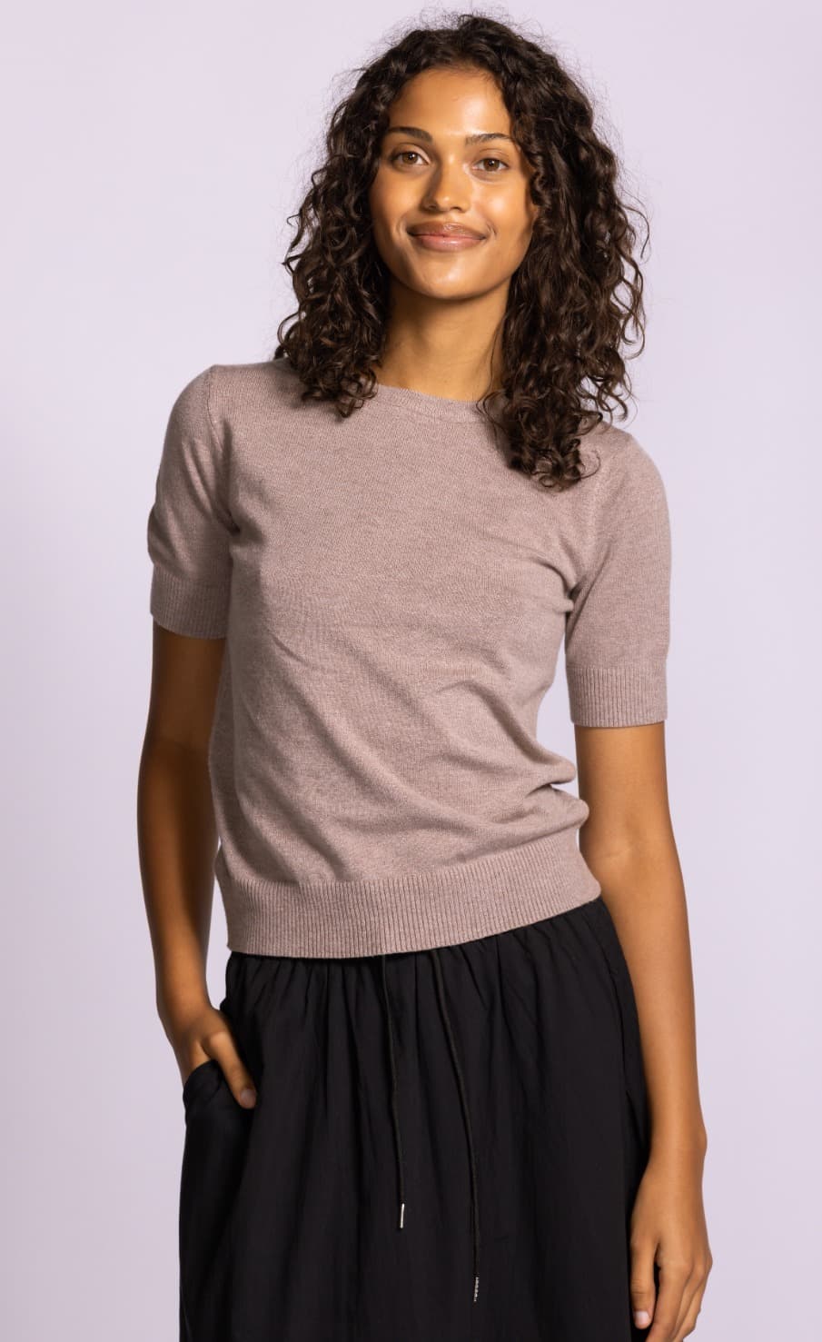 Pink Martini Sandy Top Knit taupe fitted short sleeve crew neck with ribbed hem front view at Lemonberry Aurora