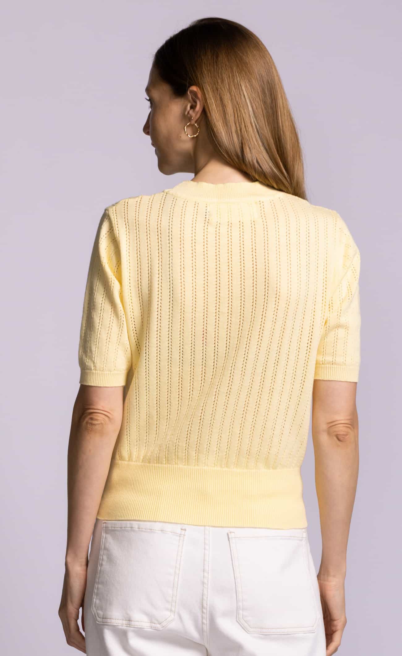 Pink Martini Santa Barbara sweater yellow cotton pointelle knit back view Lemonberry Aurora