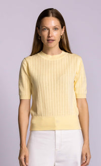 Pink Martini Santa Barbara sweater yellow cotton pointelle knit front view Lemonberry Aurora