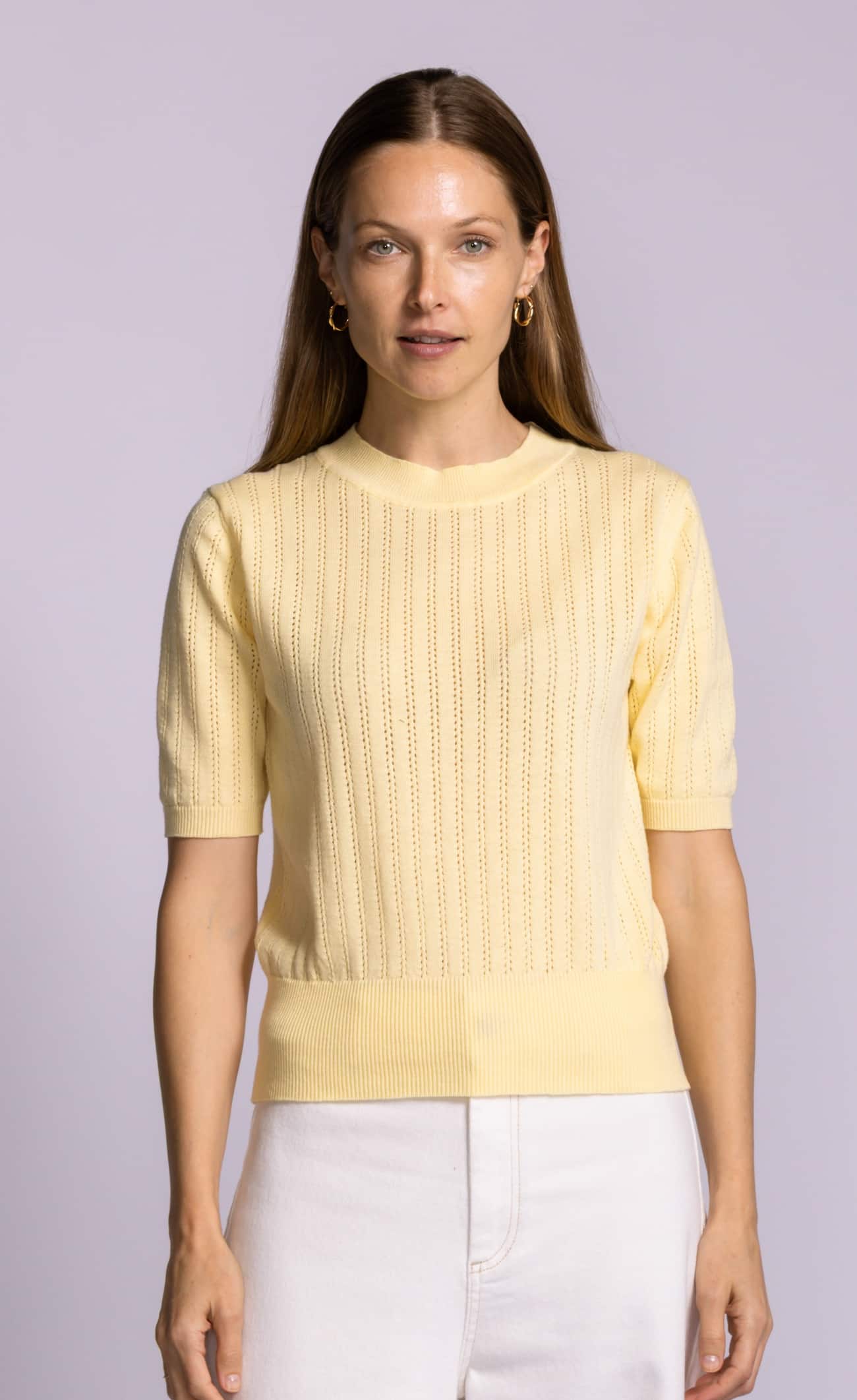 Pink Martini Santa Barbara sweater yellow cotton pointelle knit front view Lemonberry Aurora