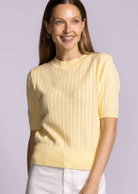 Pink Martini Santa Barbara sweater yellow cotton pointelle knit smiling model Lemonberry Aurora