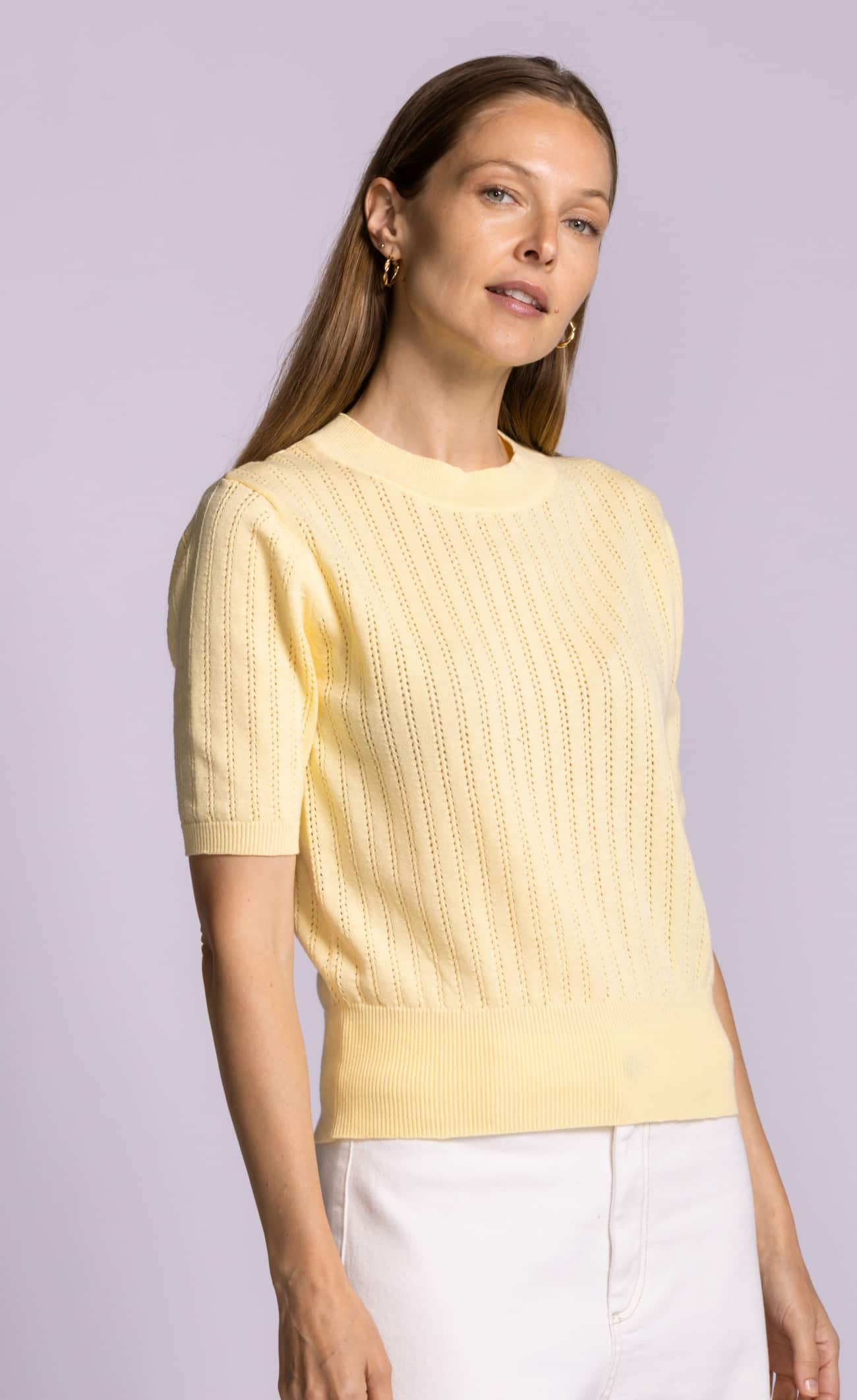 Pink Martini Santa Barbara sweater yellow cotton pointelle knit angled view Lemonberry Aurora
