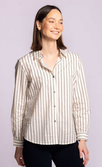 Pink Martini Sapphire black striped cotton shirt angled-front view Lemonberry Aurora