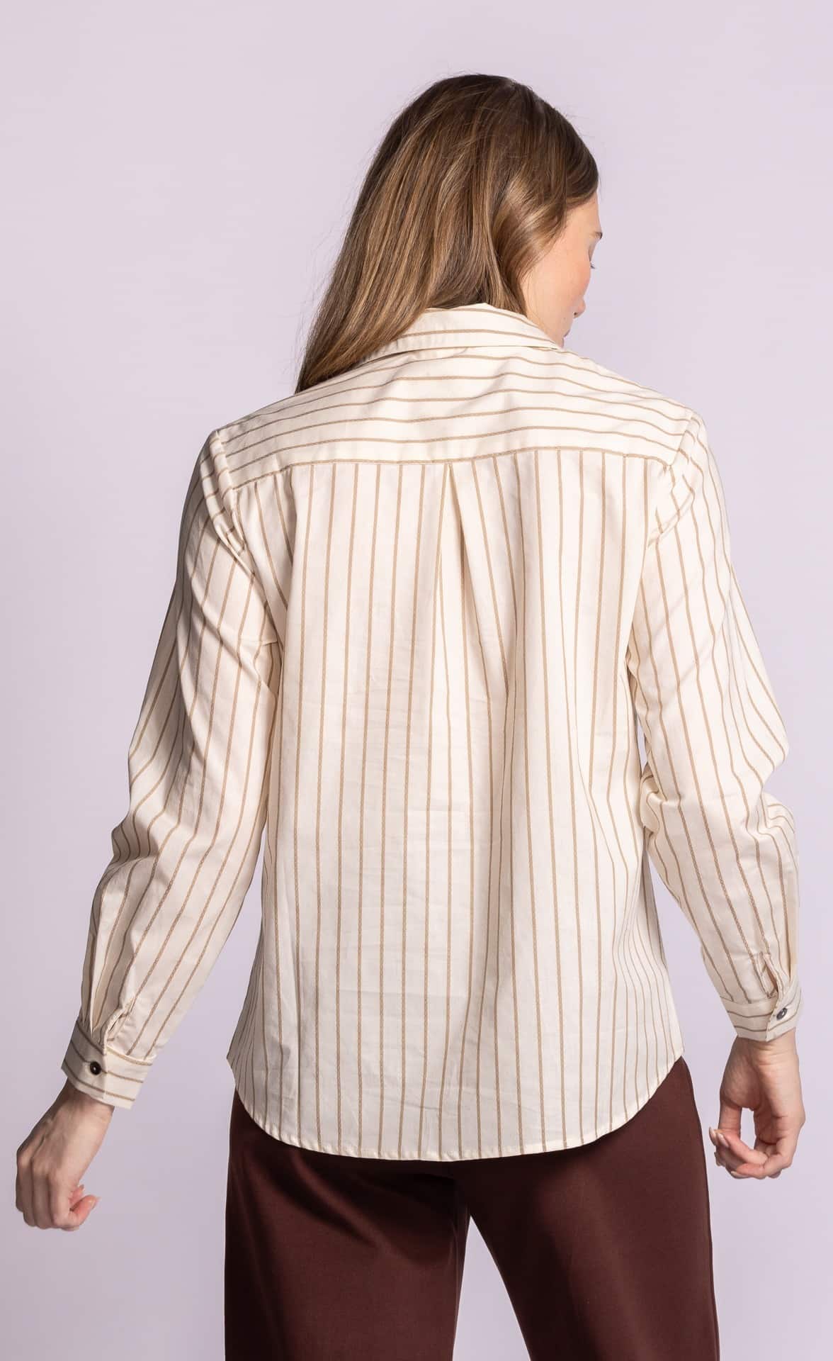 Pink Martini Sapphire tan striped cotton shirt angled-back view Lemonberry Aurora