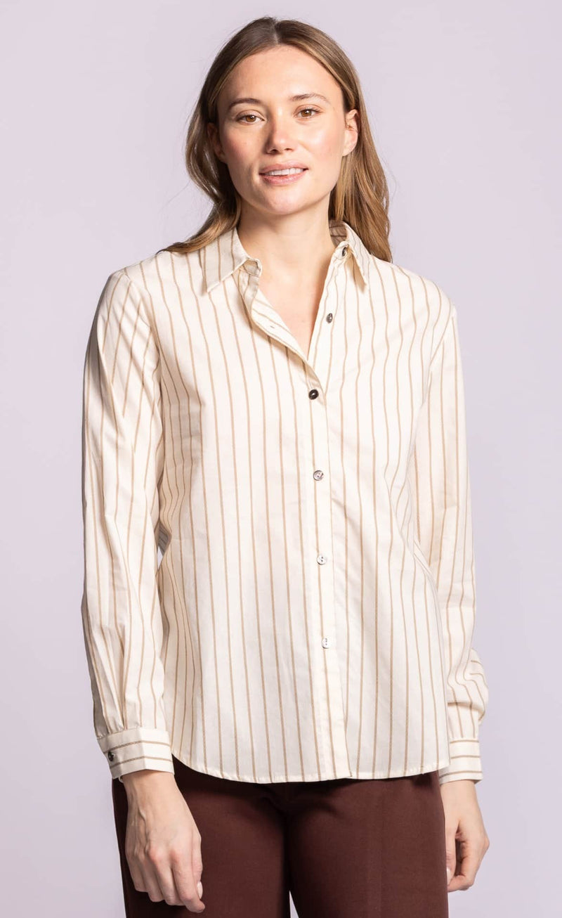 Pink Martini Sapphire tan striped cotton shirt front view Lemonberry Aurora