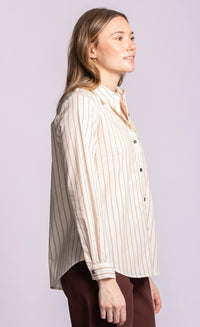 Pink Martini Sapphire tan striped cotton shirt side view Lemonberry Aurora