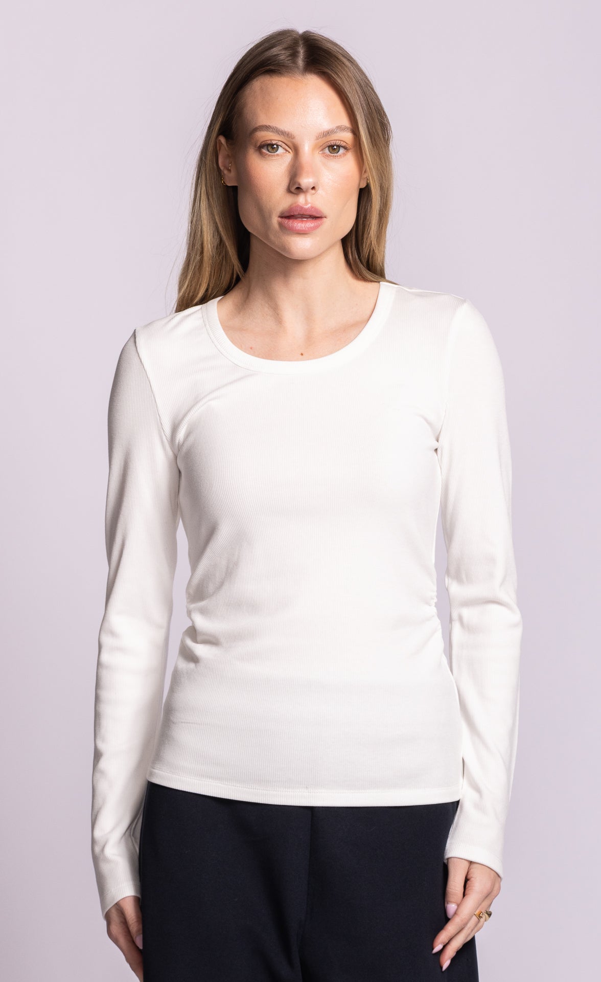 Pink Martini Seraphina ribbed long-sleeve top in white front view
