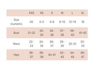 Size chart for Pink Martini clothing with measurements.