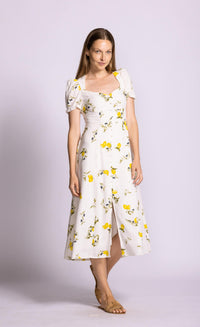Pink Martini Sorrento dress lemon print midi angled front view Lemonberry Aurora