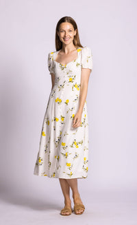 Pink Martini Sorrento dress lemon print midi smiling front view Lemonberry Aurora